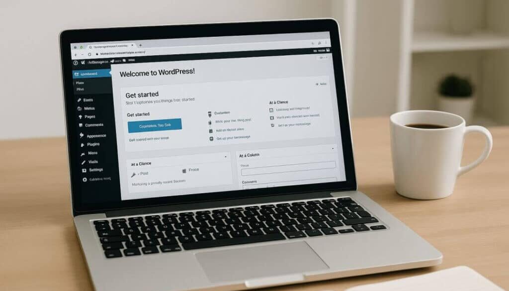 "Laptop displaying WordPress dashboard on wooden desk with coffee mug and notebook – website creation workspace"