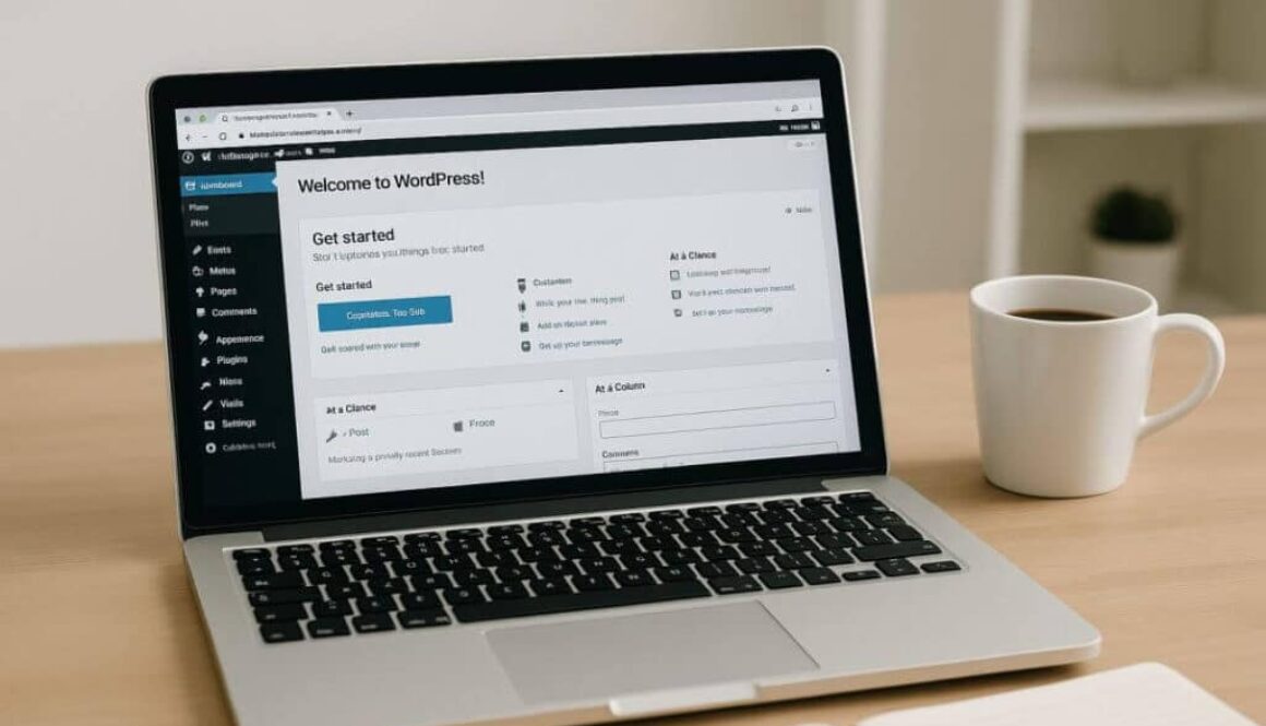 "Laptop displaying WordPress dashboard on wooden desk with coffee mug and notebook – website creation workspace"