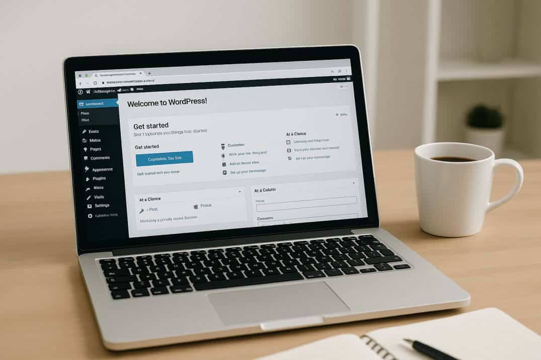My_first_website "Laptop displaying WordPress dashboard on wooden desk with coffee mug and notebook – website creation workspace"