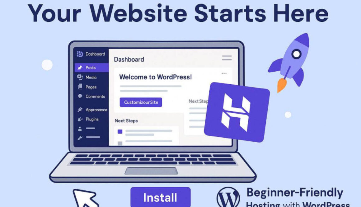 Illustration titled "Your Website Starts Here", showing a laptop with the WordPress dashboard, Hostinger logo, and rocket – symbolizing an easy website launch for beginners.